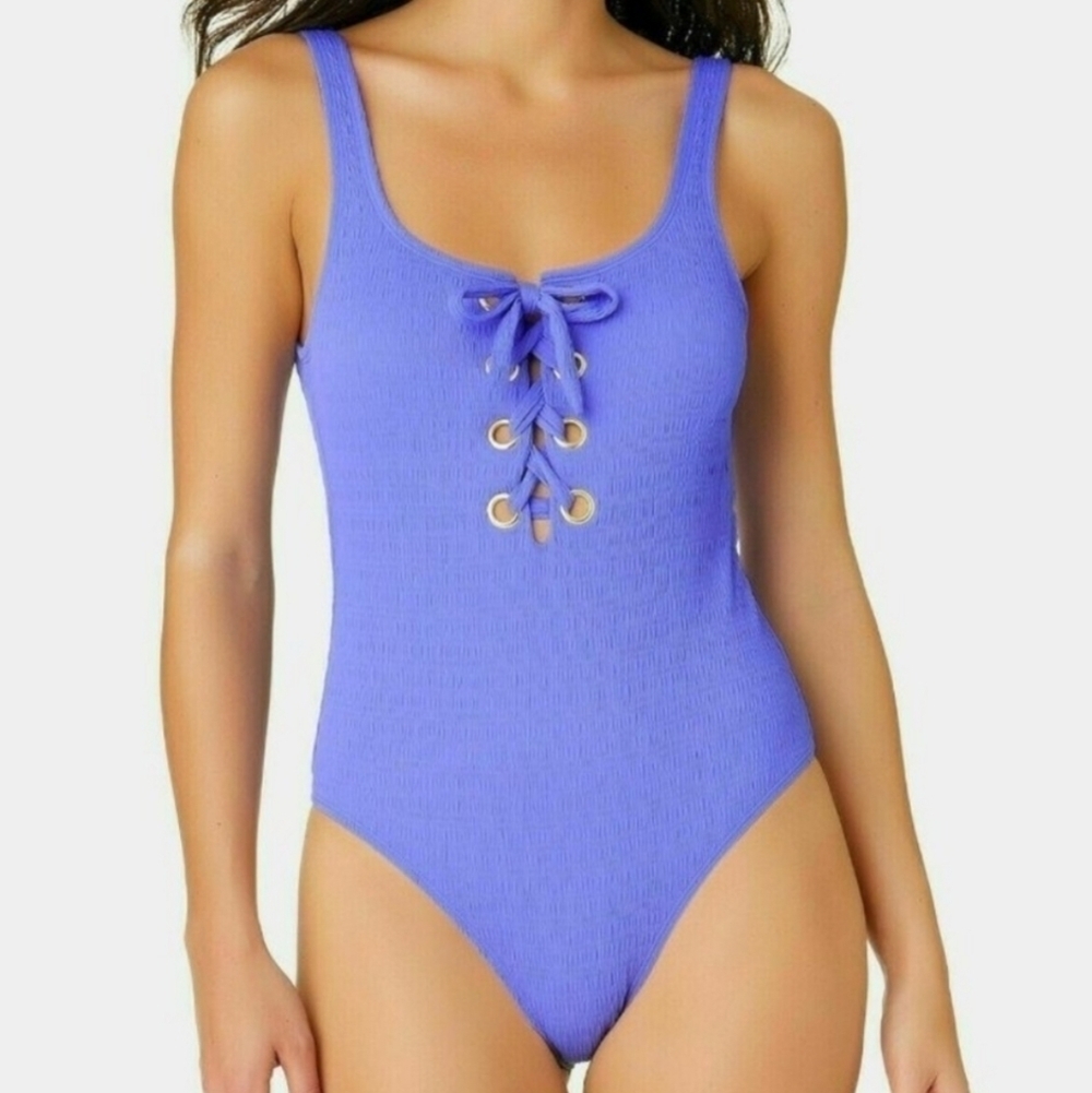 California Waves Textured Grommet One Piece Lace up Swimsuit Blue S - Picture 11 of 11